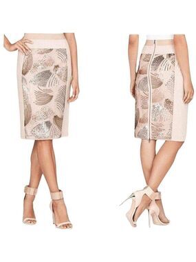 BCBGMAXAZRIA nude blush pink gold silver sequin lace pencil skirt Sz M